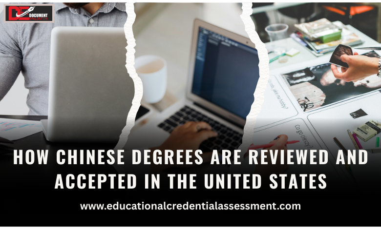 how Chinese degrees are reviewed and accepted in the United States with laptop workspace and credential evaluation theme