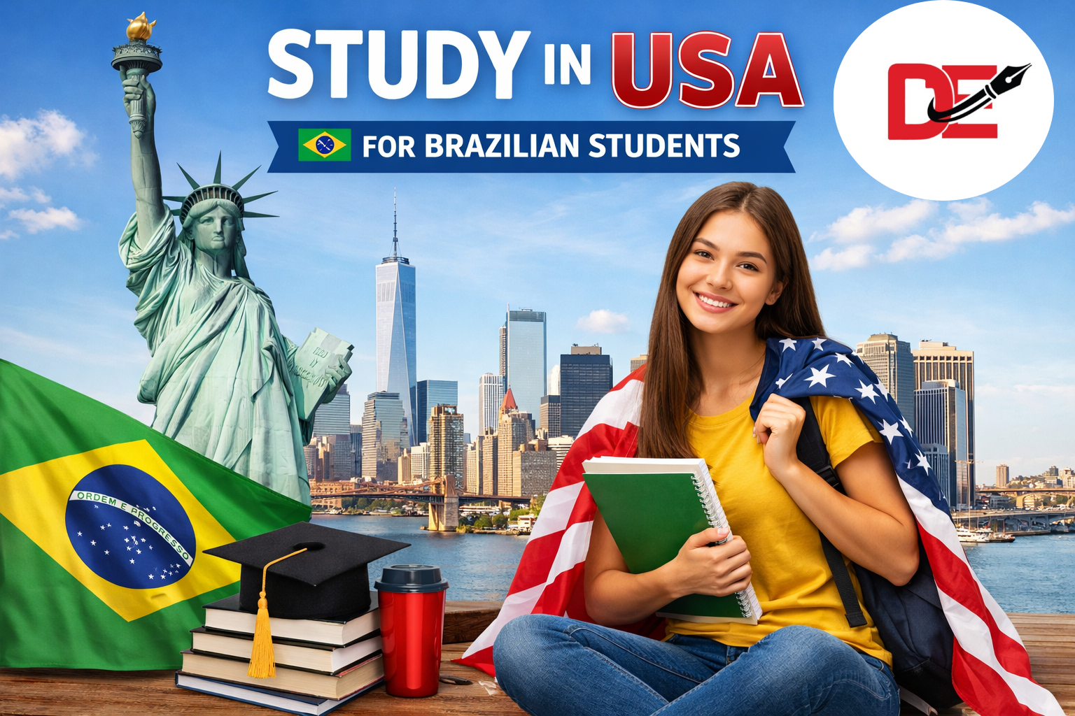 Brazilian student holding books with USA flag, Statue of Liberty and city skyline representing study in USA opportunities
