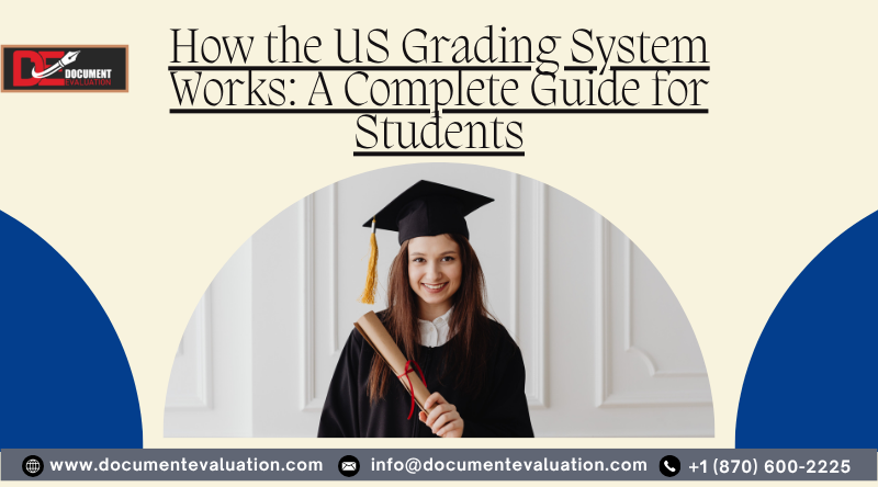 Graduate student holding diploma in cap and gown with text about US grading system guide for students