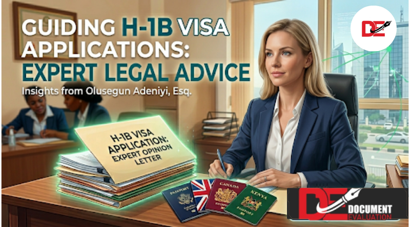 Immigration attorney reviewing H-1B visa application documents and expert opinion letter with passports on desk in a modern office setting